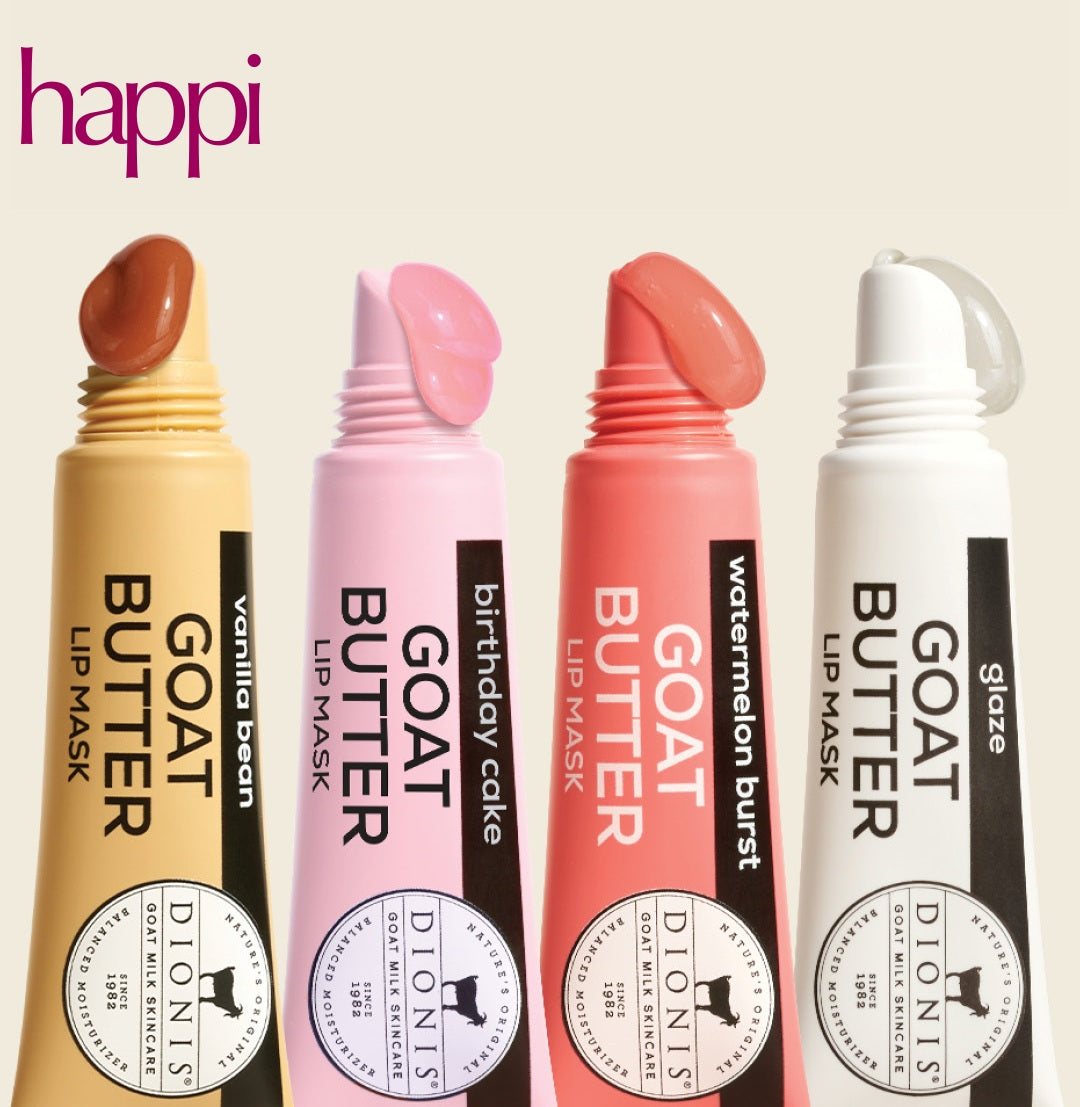 Four lip mask tubes with different flavors and 'happi' branding on a light background