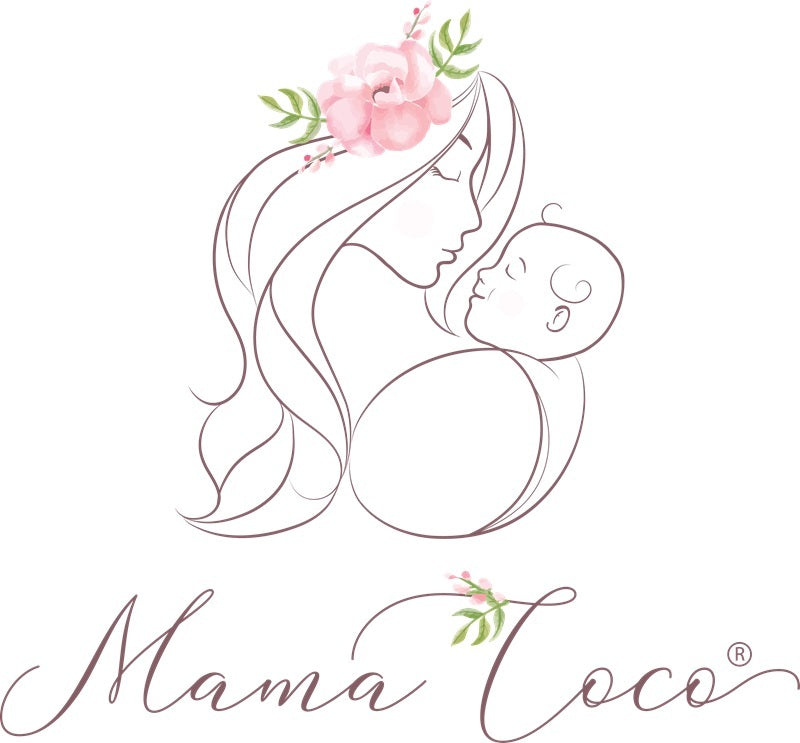 A stylized logo featuring a mother and child illustration with a pink flower crown, above the cursive brand name 'Mama Coco' on a light background.
