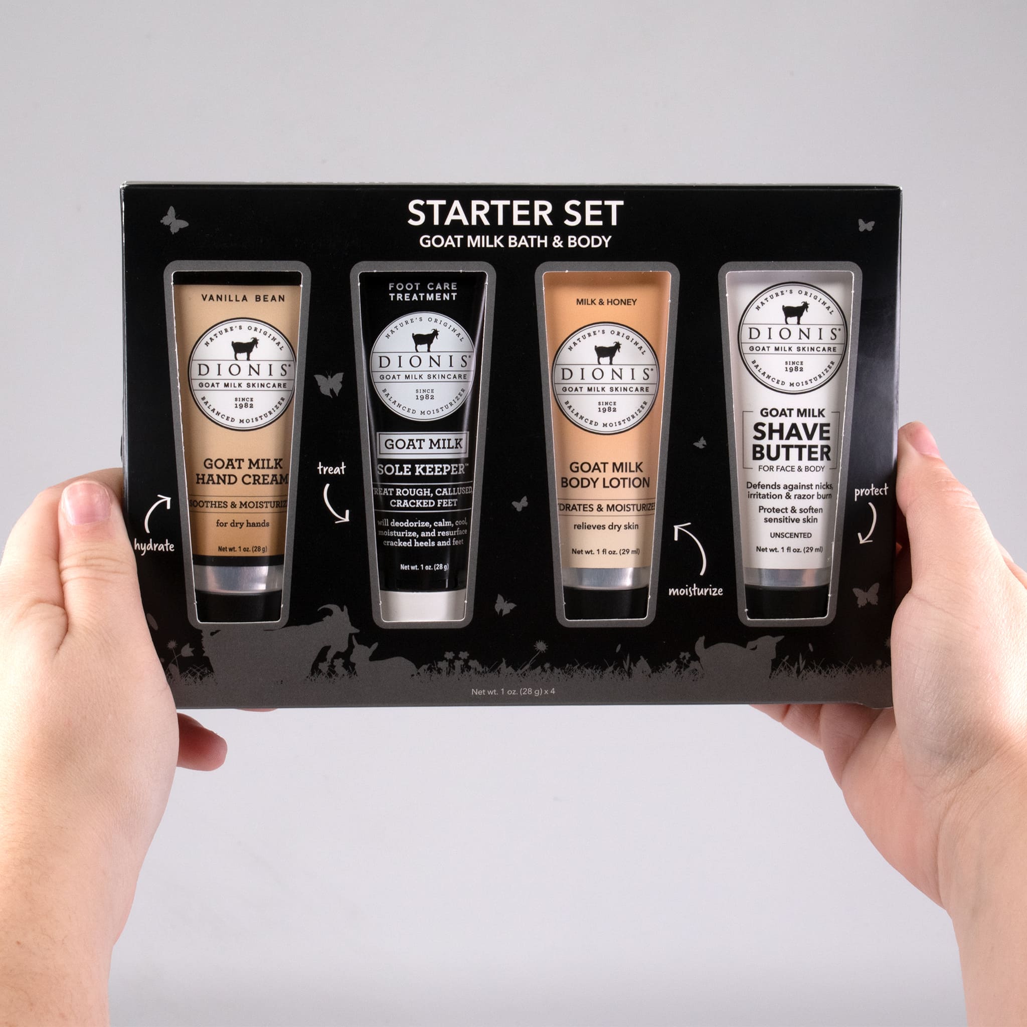 A Goat Milk Bath & Body Starter Set displayed in hands, including tubes of hand cream, body lotion, foot cream, and shave butter.