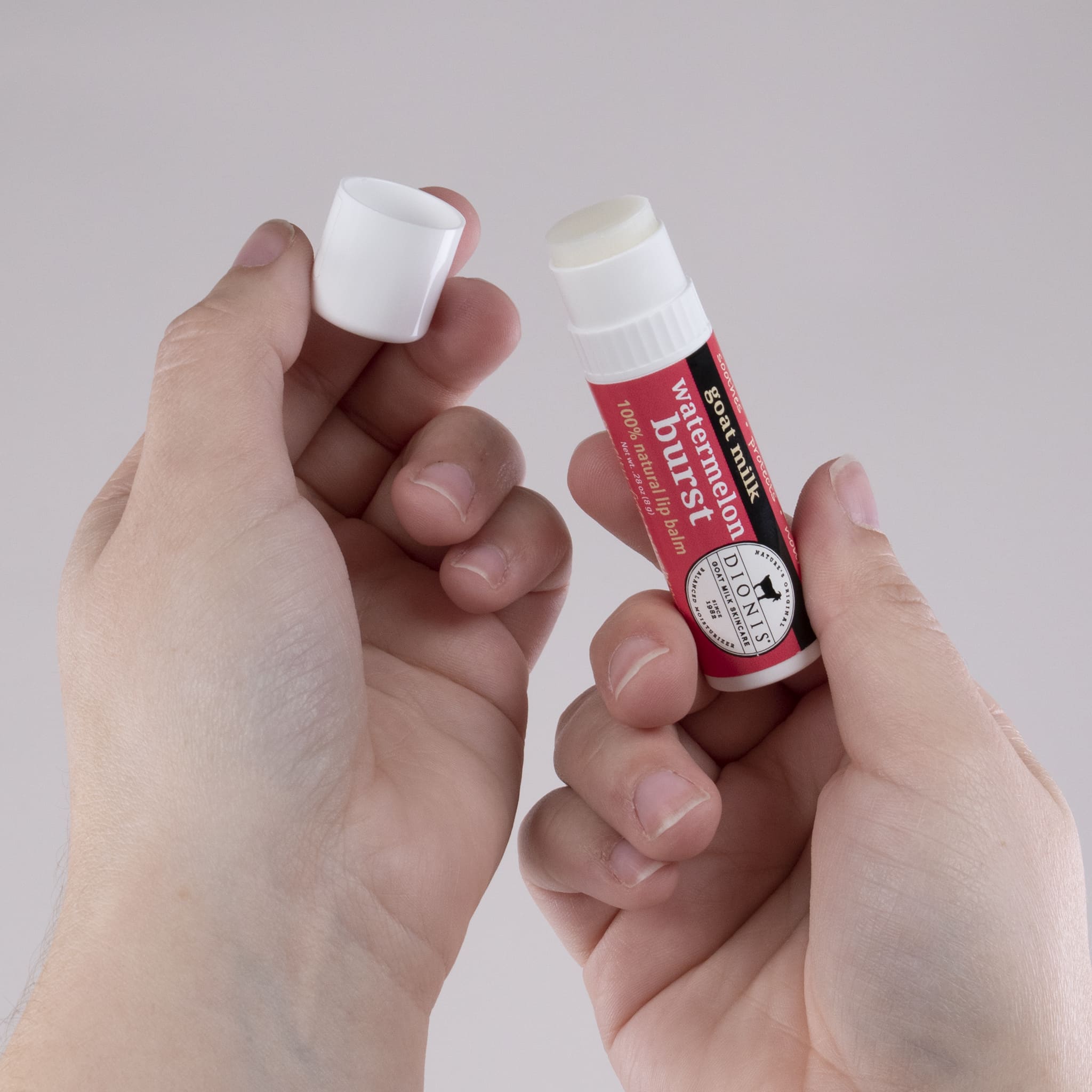 Hands holding Watermelon Burst goat milk lip balm in one hand and its cap in the other