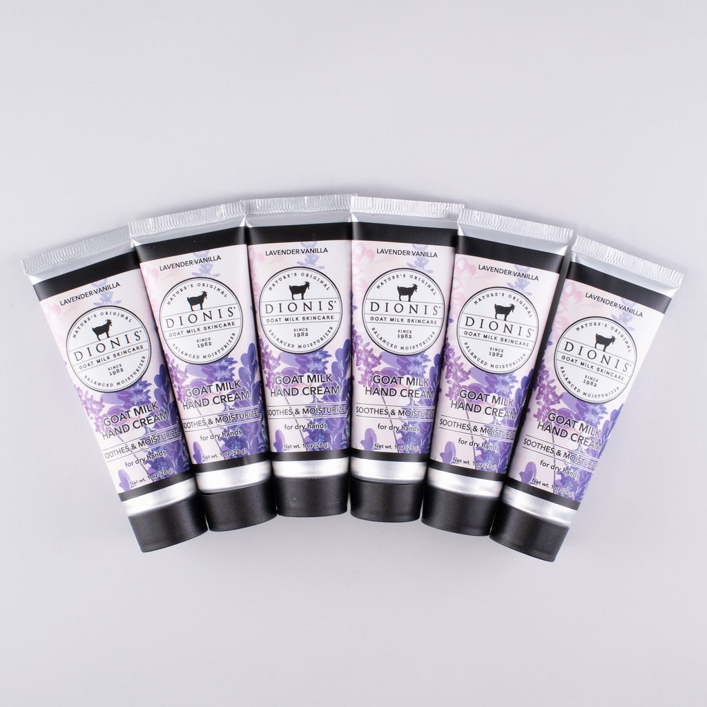 Group of 6 - 1 oz Lavender Vanilla hand creams lined up touching each other