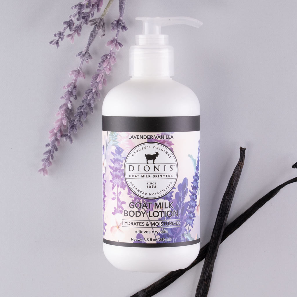 Lavender Vanilla body lotion bottle with lavender and vanilla accessories