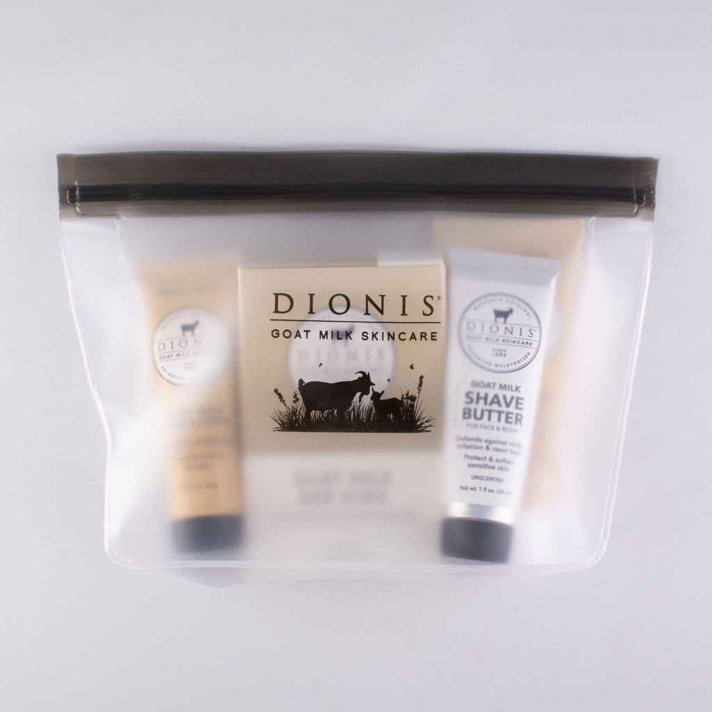Dionis Vanilla Bean Travel Kit, featuring 5 goat milk bath & body products in a clear travel bag