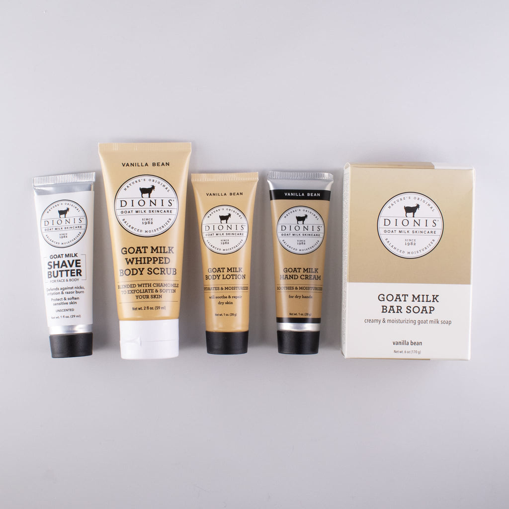 5 products lined up, all part of the Vanilla Bean Travel Kit from Dionis