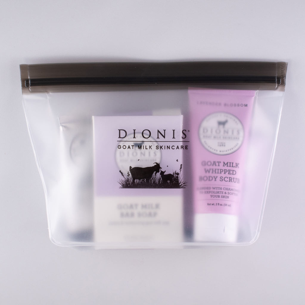 Dionis Lavender Blossom Travel Kit, featuring 5 goat milk bath & body products in a clear travel bag