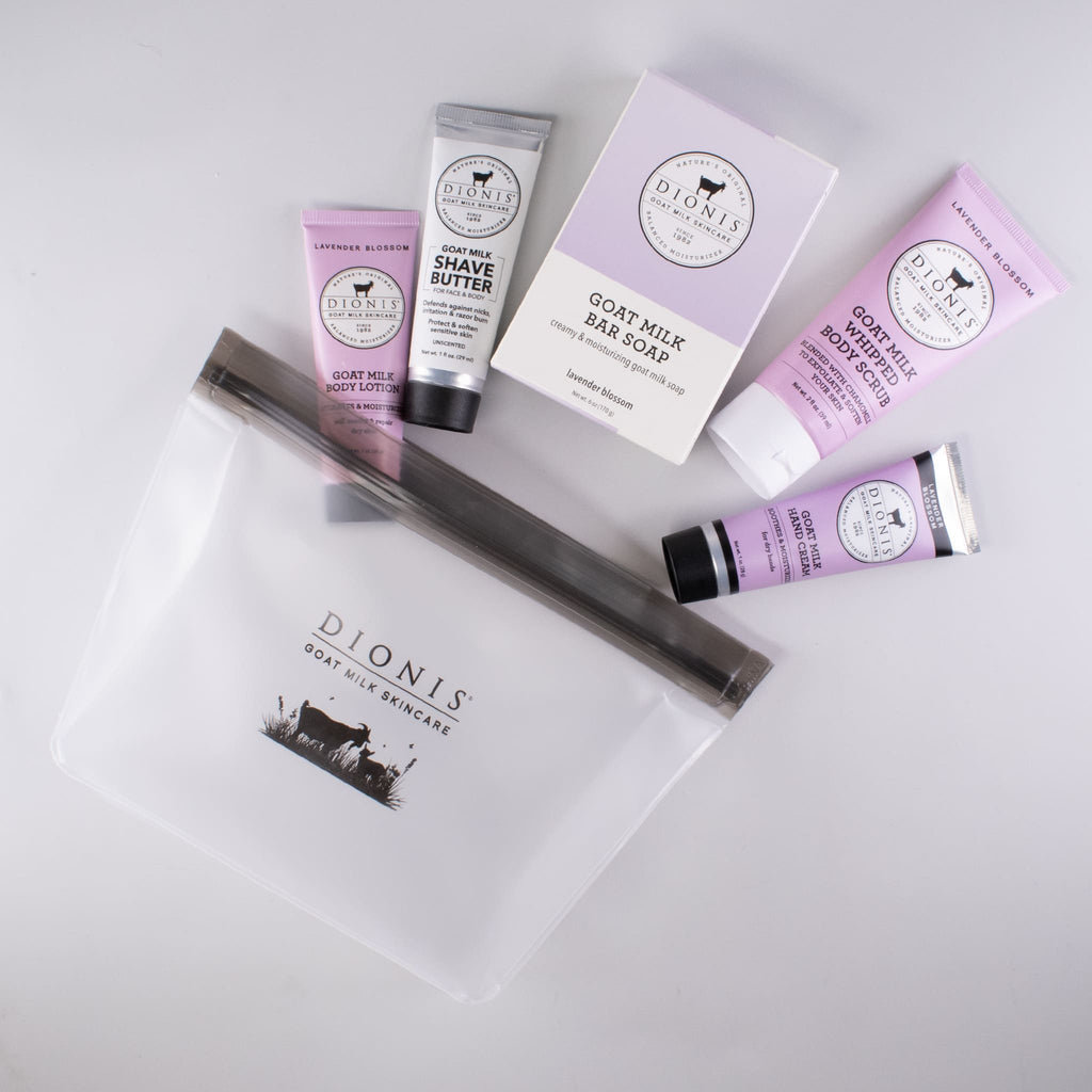 Dionis Travel Kit in Lavender Blossom, showing all 5 products coming out of the clear travel bag