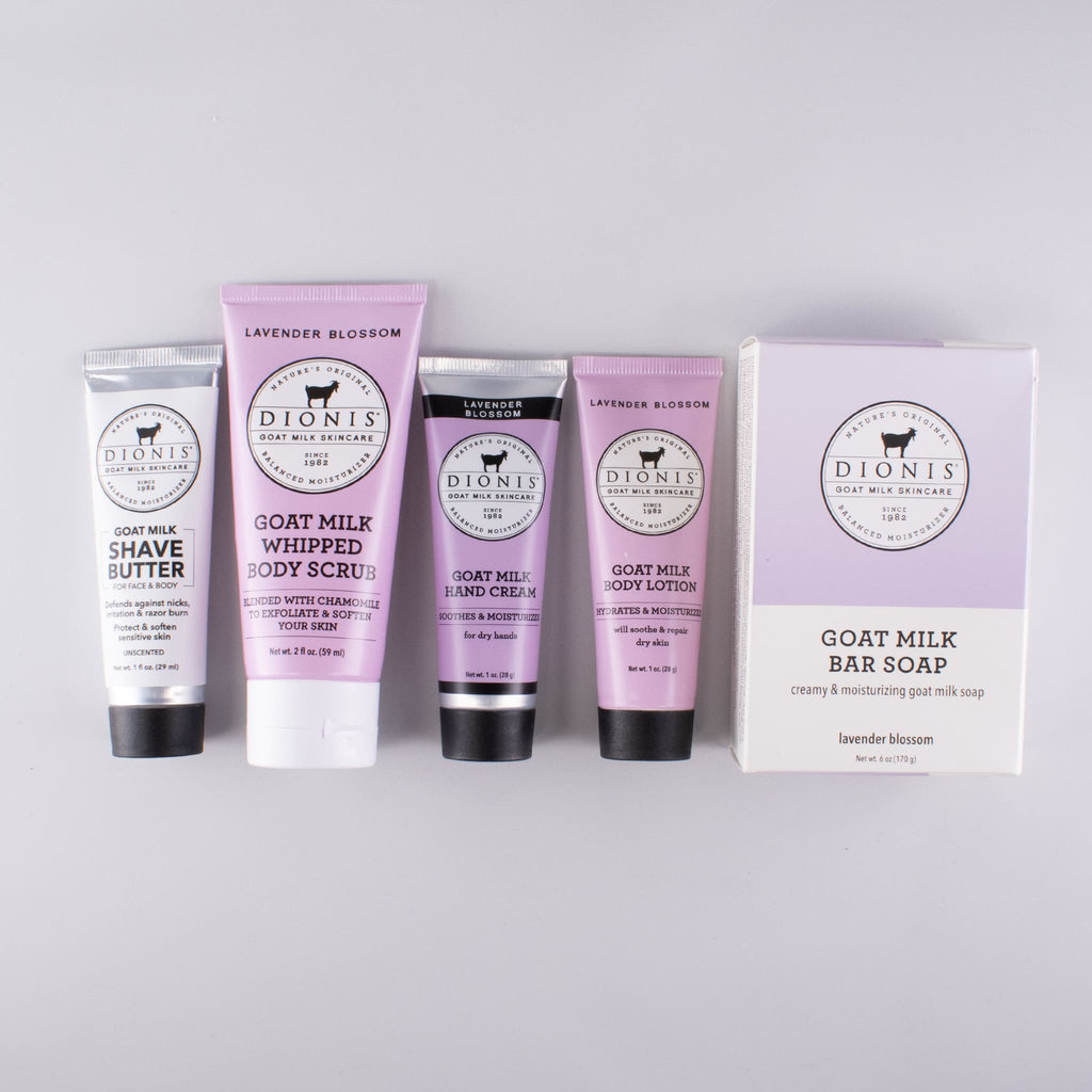 5 products lined up, all part of the Lavender Blossom Travel Kit from Dionis