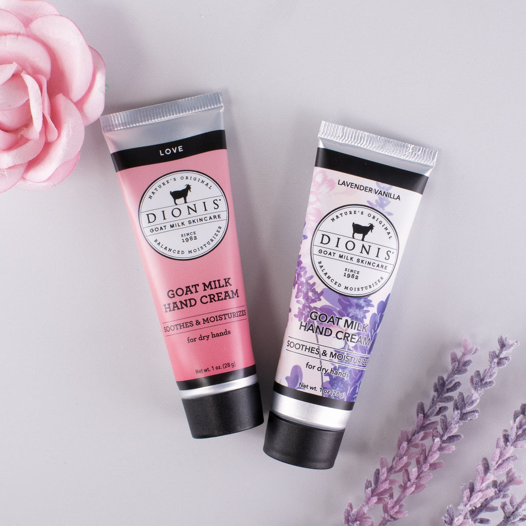 2 1 oz goat milk hand creams with lavender and rose accessories